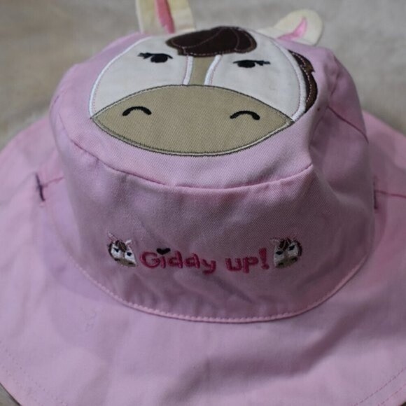 Girls  Horse Reversable Bucket Hat Pink Blue Summer Beach Sun Cap - Picture 4 of 8